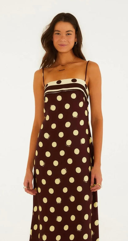 FarmRio Burgundy Polkadots   Long Dress